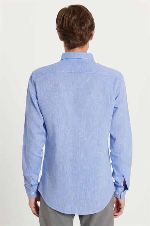 Erkek Slim Fit Dar Kesim Uzun Kollu Keten Premium Seri Düğmeli Yaka Spor Mavi Gömlek