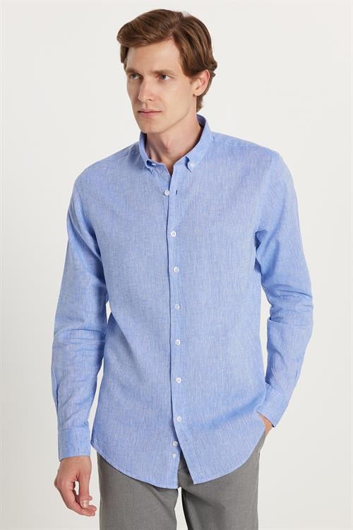 Erkek Slim Fit Dar Kesim Uzun Kollu Keten Premium Seri Düğmeli Yaka Spor Mavi Gömlek