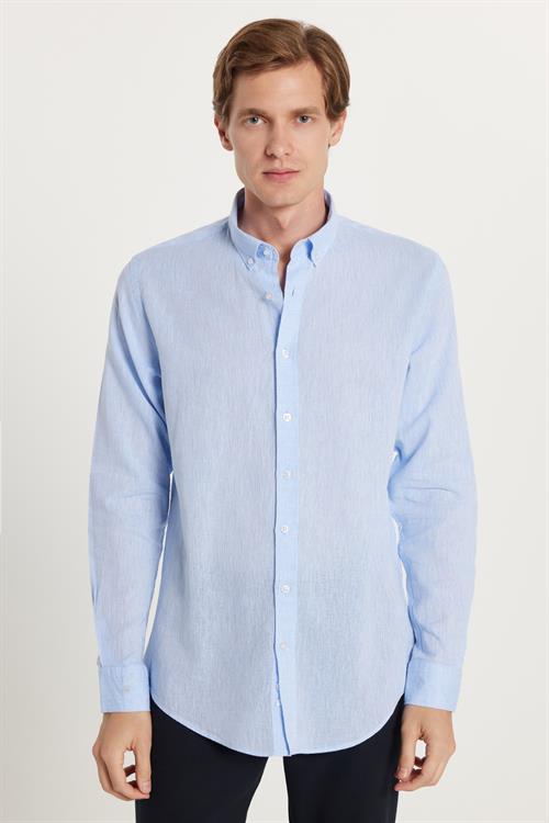 Erkek Slim Fit Dar Kesim Uzun Kollu Keten Premium Seri Düğmeli Yaka Spor Açık Mavi Gömlek