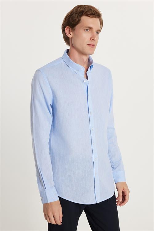 Erkek Slim Fit Dar Kesim Uzun Kollu Keten Premium Seri Düğmeli Yaka Spor Açık Mavi Gömlek