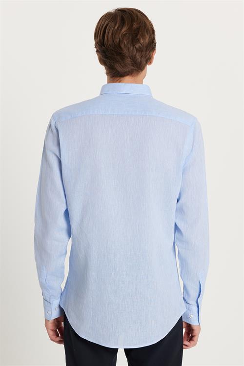 Erkek Slim Fit Dar Kesim Uzun Kollu Keten Premium Seri Düğmeli Yaka Spor Açık Mavi Gömlek