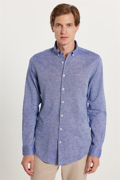 Erkek Slim Fit Dar Kesim Uzun Kollu Keten Premium Seri Düğmeli Yaka Spor Lacivert Gömlek