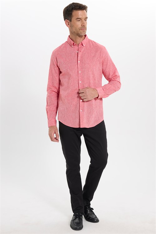 Erkek Slim Fit Dar Kesim Uzun Kollu Keten Premium Seri Düğmeli Yaka Spor Nar Rengi Gömlek