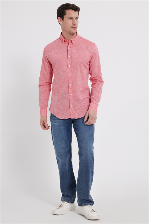 Erkek Slim Fit Dar Kesim Uzun Kollu Keten Premium Seri Düğmeli Yaka Spor Nar Rengi Gömlek