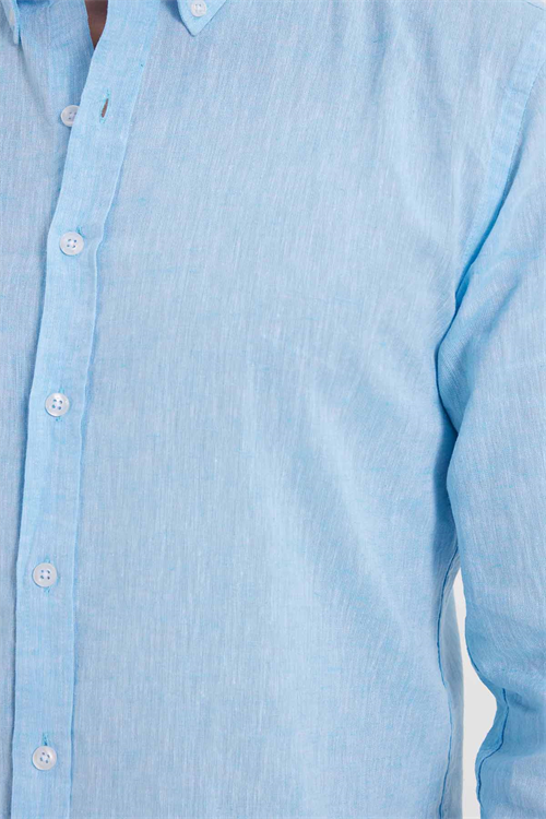 Erkek Slim Fit Dar Kesim Uzun Kollu Keten Premium Seri Düğmeli Yaka Spor Açık Mavi Gömlek