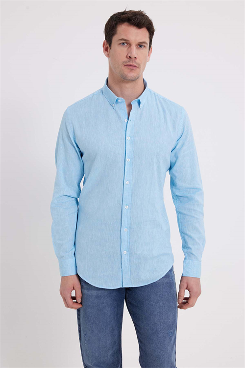 Erkek Slim Fit Dar Kesim Uzun Kollu Keten Premium Seri Düğmeli Yaka Spor Açık Mavi Gömlek