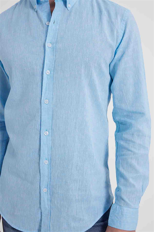 Erkek Slim Fit Dar Kesim Uzun Kollu Keten Premium Seri Düğmeli Yaka Spor Açık Mavi Gömlek