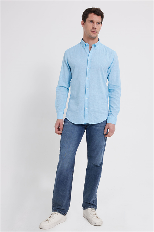 Erkek Slim Fit Dar Kesim Uzun Kollu Keten Premium Seri Düğmeli Yaka Spor Açık Mavi Gömlek