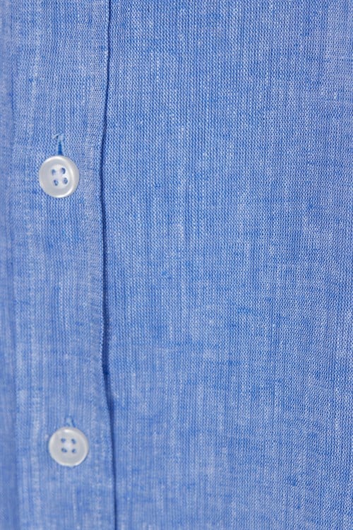Erkek Slim Fit Dar Kesim Uzun Kollu Keten Premium Seri Düğmeli Yaka Spor Mavi Gömlek