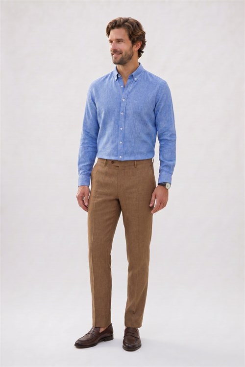 Erkek Slim Fit Dar Kesim Uzun Kollu Keten Premium Seri Düğmeli Yaka Spor Mavi Gömlek