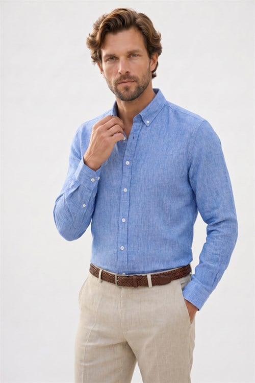 Erkek Slim Fit Dar Kesim Uzun Kollu Keten Premium Seri Düğmeli Yaka Spor Mavi Gömlek