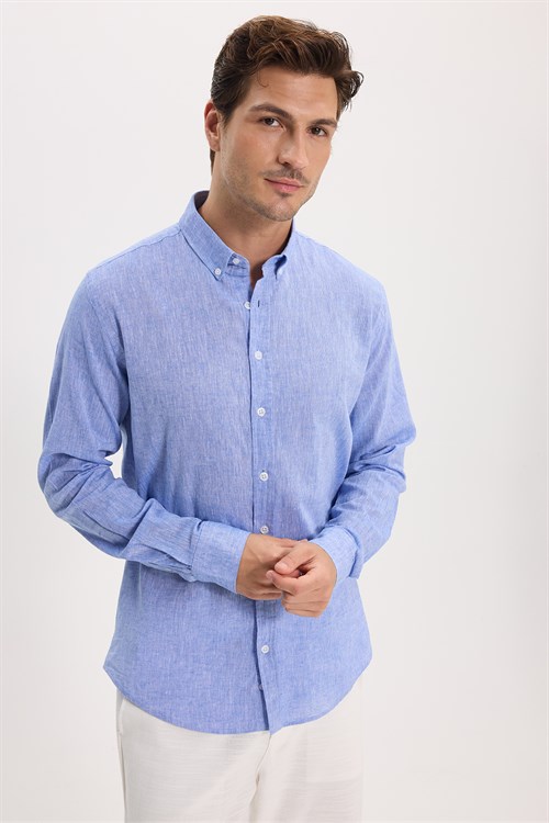 Erkek Slim Fit Dar Kesim Uzun Kollu Keten Premium Seri Düğmeli Yaka Spor Mavi Gömlek