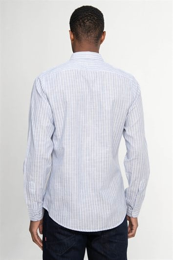 Erkek Slim Fit Dar Kesim Uzun Kollu %100 Pamuk Keten Doku Düğmeli Yaka Çizgili Mavi Gömlek