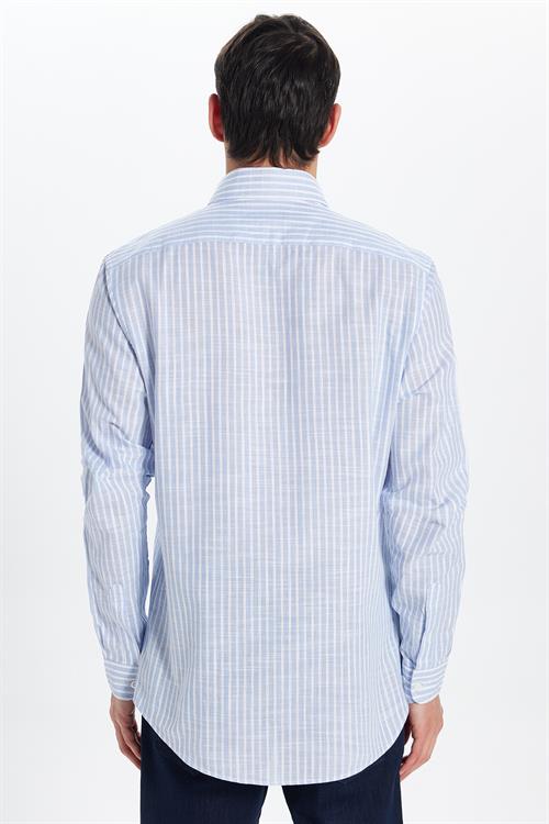 Erkek Slim Fit Dar Kesim Uzun Kollu %100 Pamuk Keten Doku Düğmeli Yaka Çizgili Mavi Gömlek