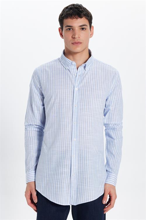 Erkek Slim Fit Dar Kesim Uzun Kollu %100 Pamuk Keten Doku Düğmeli Yaka Çizgili Mavi Gömlek