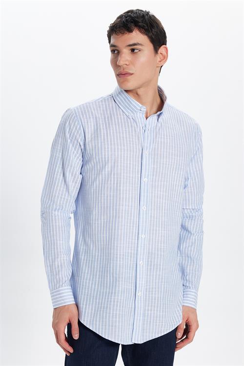 Erkek Slim Fit Dar Kesim Uzun Kollu %100 Pamuk Keten Doku Düğmeli Yaka Çizgili Mavi Gömlek