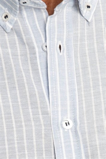 Erkek Slim Fit Dar Kesim Uzun Kollu %100 Pamuk Keten Doku Düğmeli Yaka Çizgili Mavi Gömlek