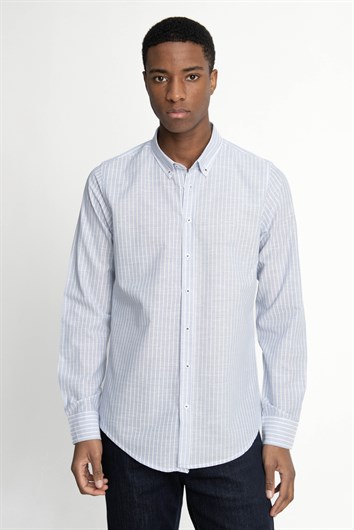 Erkek Slim Fit Dar Kesim Uzun Kollu %100 Pamuk Keten Doku Düğmeli Yaka Çizgili Mavi Gömlek