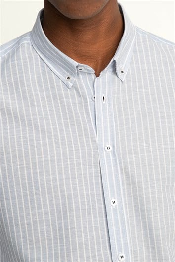 Erkek Slim Fit Dar Kesim Uzun Kollu %100 Pamuk Keten Doku Düğmeli Yaka Çizgili Mavi Gömlek