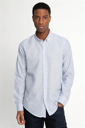 Erkek Slim Fit Dar Kesim Uzun Kollu %100 Pamuk Keten Doku Düğmeli Yaka Çizgili Mavi Gömlek