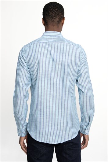 Erkek Slim Fit Dar Kesim Uzun Kollu %100 Pamuk Keten Doku Düğmeli Yaka Çizgili Turkuaz Gömlek