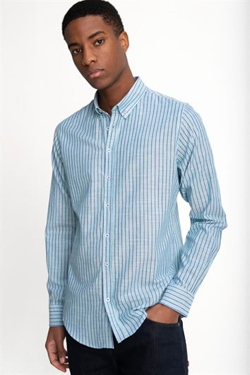 Erkek Slim Fit Dar Kesim Uzun Kollu %100 Pamuk Keten Doku Düğmeli Yaka Çizgili Turkuaz Gömlek