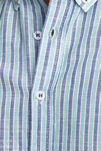 Erkek Slim Fit Dar Kesim Uzun Kollu %100 Pamuk Keten Doku Düğmeli Yaka Çizgili Turkuaz Gömlek