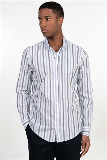 Erkek Slim Fit Dar Kesim Uzun Kollu %100 Pamuk Keten Doku Düğmeli Yaka Çizgili Gömlek