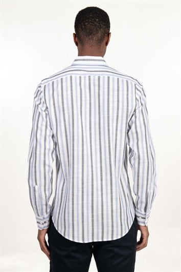 Erkek Slim Fit Dar Kesim Uzun Kollu %100 Pamuk Keten Doku Düğmeli Yaka Çizgili Gömlek