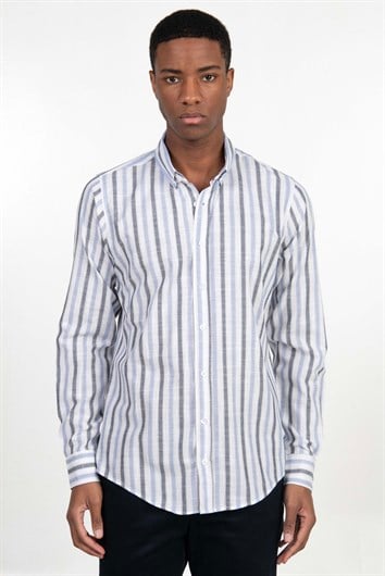 Erkek Slim Fit Dar Kesim Uzun Kollu %100 Pamuk Keten Doku Düğmeli Yaka Çizgili Gömlek