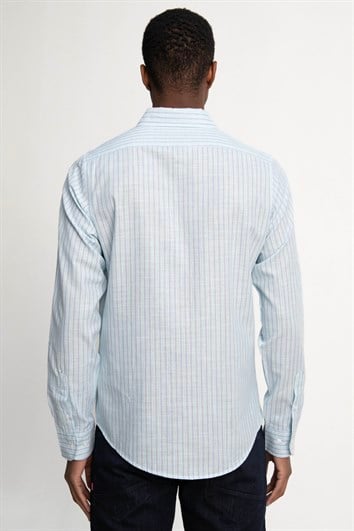 Erkek Slim Fit Dar Kesim Uzun Kollu %100 Pamuk Keten Doku Düğmeli Yaka Çizgili Yeşil Gömlek