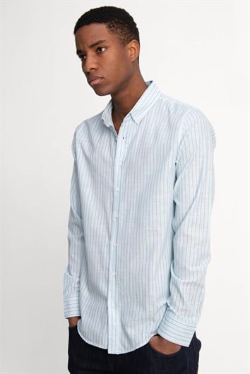 Erkek Slim Fit Dar Kesim Uzun Kollu %100 Pamuk Keten Doku Düğmeli Yaka Çizgili Yeşil Gömlek