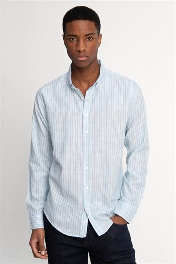 Erkek Slim Fit Dar Kesim Uzun Kollu %100 Pamuk Keten Doku Düğmeli Yaka Çizgili Yeşil Gömlek