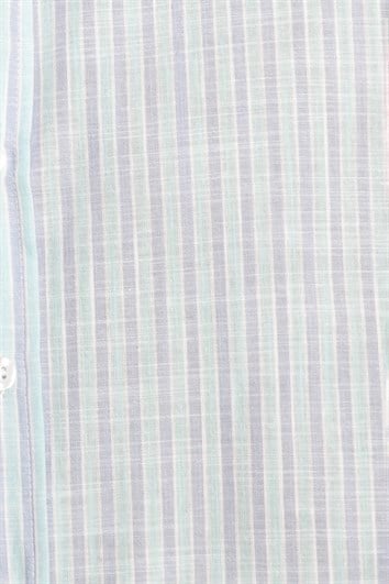 Erkek Slim Fit Dar Kesim Uzun Kollu %100 Pamuk Keten Doku Düğmeli Yaka Çizgili Yeşil Gömlek