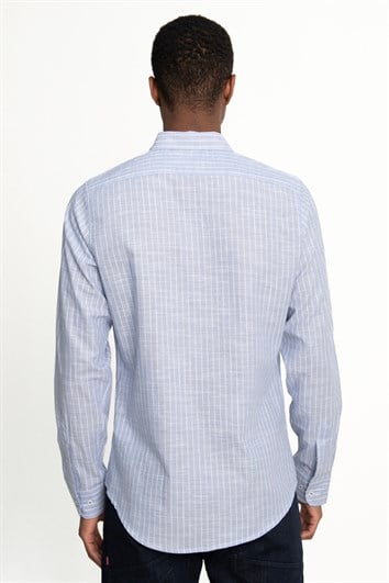 Erkek Slim Fit Dar Kesim Uzun Kollu %100 Pamuk Keten Doku Düğmeli Yaka Çizgili Mavi Gömlek
