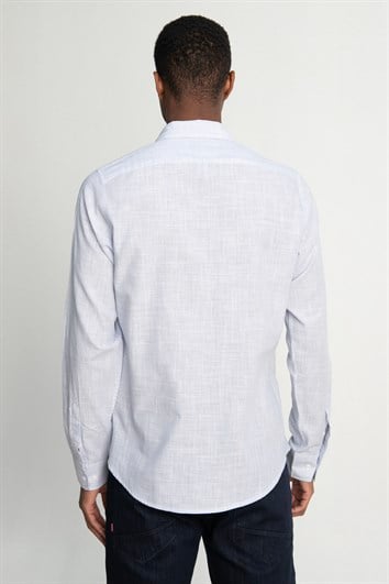 Erkek Slim Fit Dar Kesim Uzun Kollu %100 Pamuk Keten Doku Çizgili Spor Yaka Mavi Gömlek