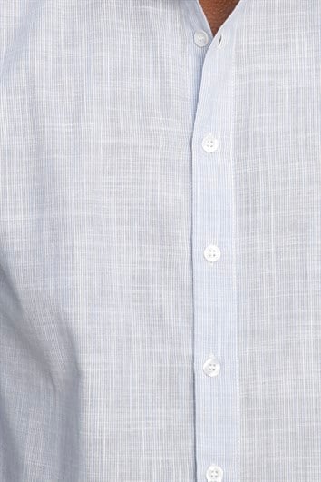 Erkek Slim Fit Dar Kesim Uzun Kollu %100 Pamuk Keten Doku Çizgili Spor Yaka Mavi Gömlek
