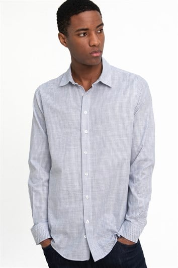 Erkek Slim Fit Dar Kesim Uzun Kollu %100 Pamuk Keten Doku Çizgili Spor Yaka Mavi Gömlek