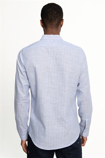 Erkek Slim Fit Dar Kesim Uzun Kollu %100 Pamuk Keten Doku Çizgili Spor Yaka Mavi Gömlek