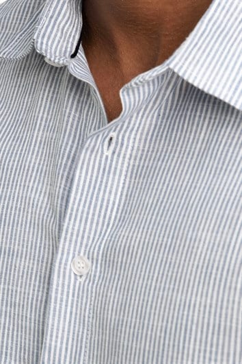 Erkek Slim Fit Dar Kesim Uzun Kollu %100 Pamuk Keten Doku Çizgili Spor Yaka Mavi Gömlek