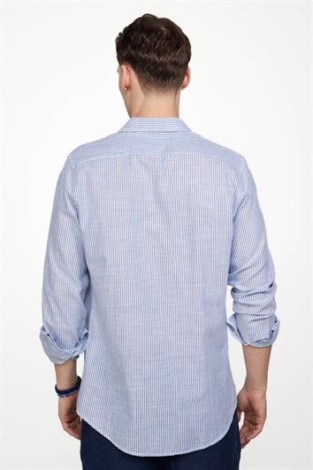 Erkek Slim Fit Dar Kesim Uzun Kollu %100 Pamuk Keten Doku Çizgili Spor Yaka Mavi Gömlek