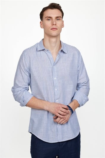 Erkek Slim Fit Dar Kesim Uzun Kollu %100 Pamuk Keten Doku Çizgili Spor Yaka Mavi Gömlek