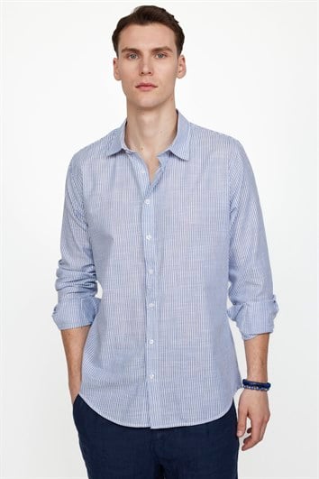 Erkek Slim Fit Dar Kesim Uzun Kollu %100 Pamuk Keten Doku Çizgili Spor Yaka Mavi Gömlek