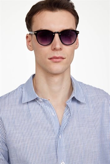 Erkek Slim Fit Dar Kesim Uzun Kollu %100 Pamuk Keten Doku Çizgili Spor Yaka Mavi Gömlek