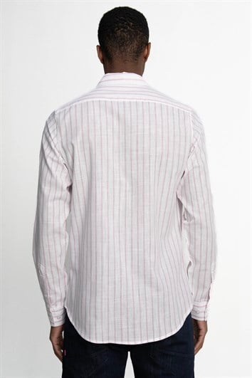 Erkek Slim Fit Dar Kesim Uzun Kollu %100 Pamuk Keten Doku Çizgili Spor Yaka Beyaz Gömlek