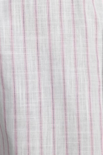 Erkek Slim Fit Dar Kesim Uzun Kollu %100 Pamuk Keten Doku Çizgili Spor Yaka Beyaz Gömlek