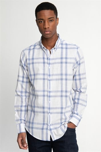 Erkek Slim Fit Dar Kesim Uzun Kollu %100 Pamuk Keten Doku Kareli Düğmeli Yaka Beyaz Gömlek