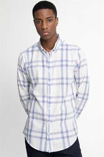 Erkek Slim Fit Dar Kesim Uzun Kollu %100 Pamuk Keten Doku Kareli Düğmeli Yaka Beyaz Gömlek