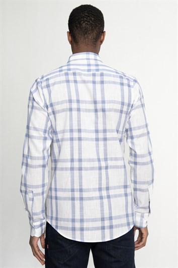 Erkek Slim Fit Dar Kesim Uzun Kollu %100 Pamuk Keten Doku Kareli Düğmeli Yaka Beyaz Gömlek