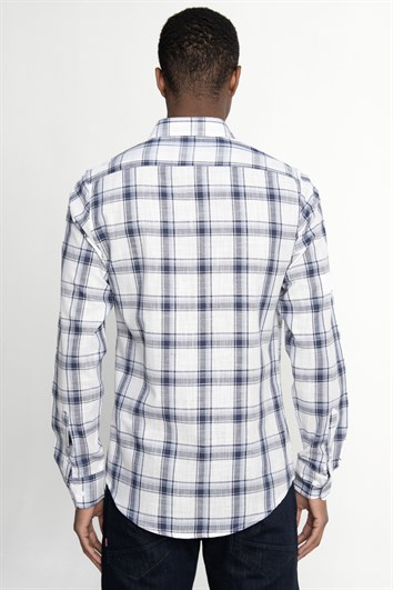 Erkek Slim Fit Dar Kesim Uzun Kollu %100 Pamuk Keten Doku Kareli Düğmeli Yaka Beyaz Gömlek